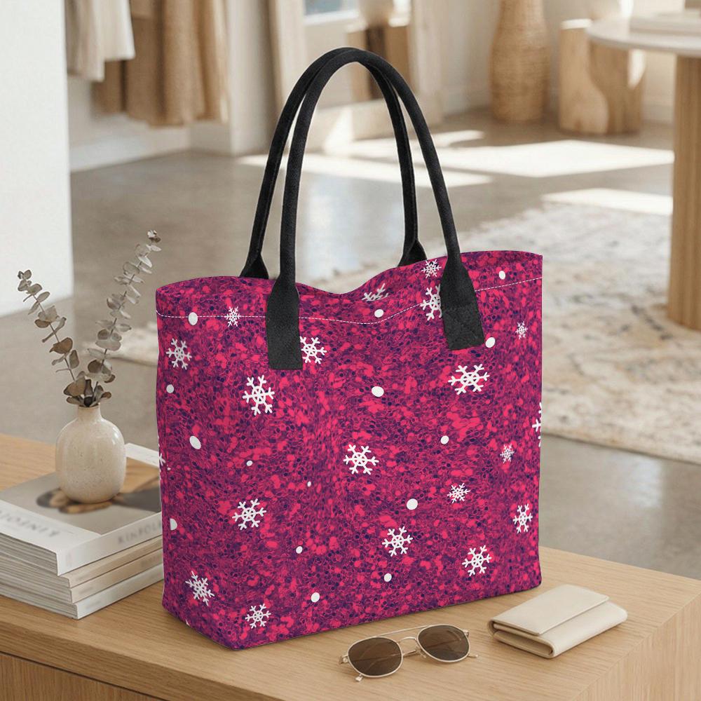 Pink Snowflake Print Tote Bag Casual Large Capacity Shoulder Handbag for Daily Use