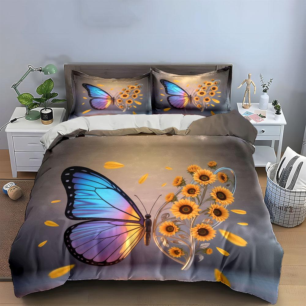 Butterfly Sunflower Art Decor Set Bedding Set with 1 Duvet Cover 2 Pillowcases Single Double King Queen, Gift