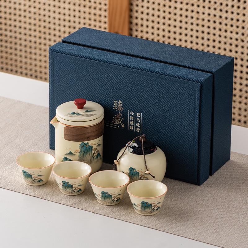 Ru Kiln Outdoor Travel Kung Fu Tea Set Gift Box Set High-end Guochao Merchandise Tea Cup Business Gift