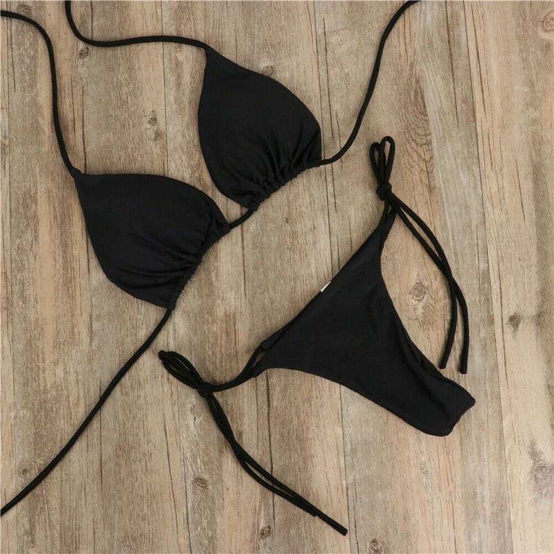 Neck solid color three-point bikini sexy swimsuit women's split strap adjustable multi-color swimsuit