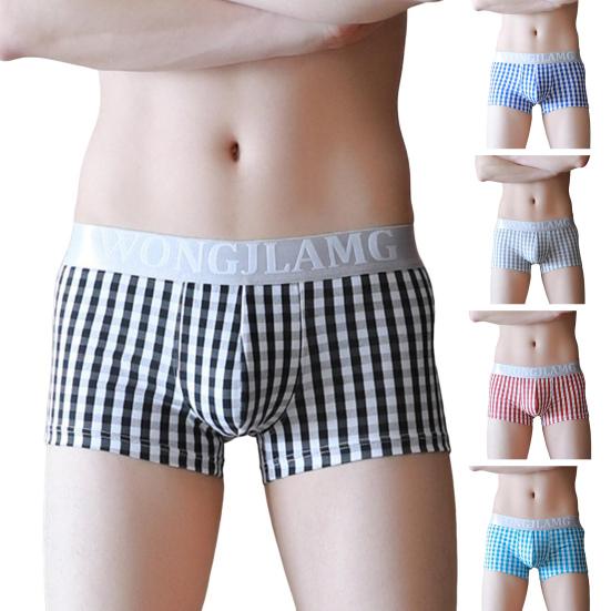 Men Casual Underwear Mid-rise Letter Plaid Print Patchwork Design Shorts Briefs 3D U-convex High Elasticity Panties