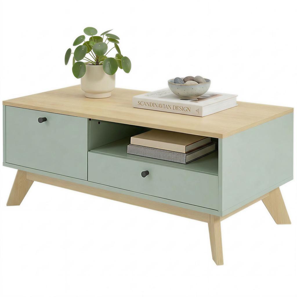 Living Room Coffee Table, Rectangular Side Table with Drawer, Door and Open Compartment, Light Green and Oak