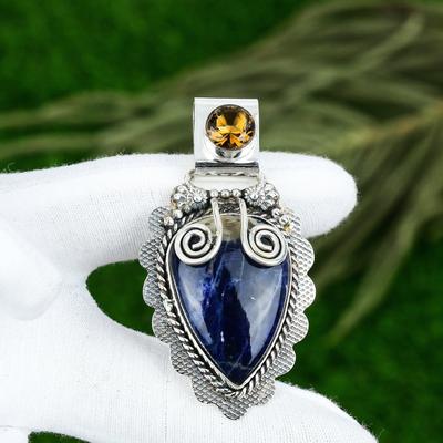 925 Sterling Silver Sodalite Stone Honey Topaz Bezel Elegant Birthday Pendant