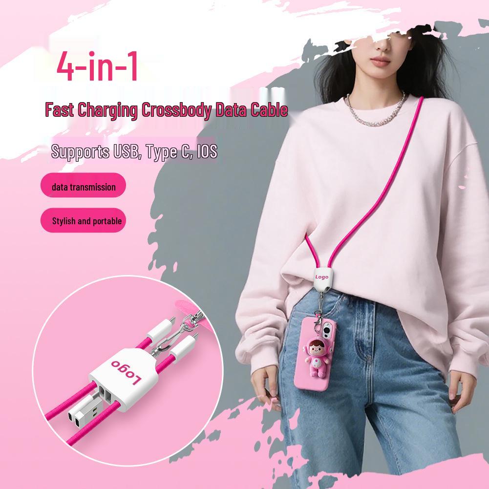 Custom Logo Multi-Function Sling Lanyard: 4-in-1 Fast-Charging Crossbody Data Cable