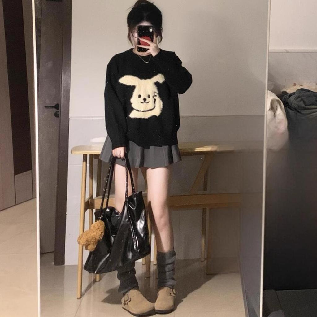 Dámský černý žakárový svetr v korejském stylu, podzim/zima, drobný volný úplet