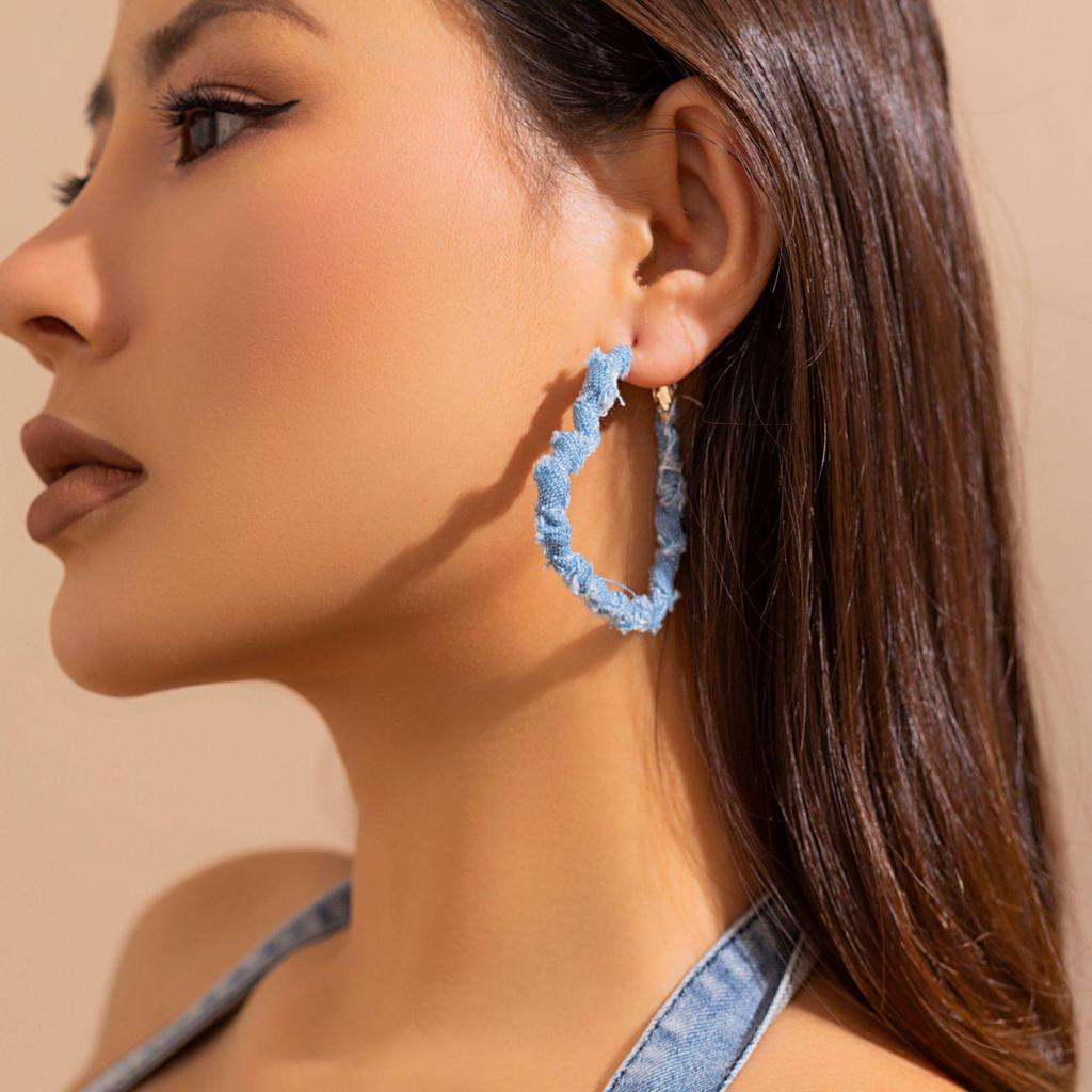 Vintage Denim Print Hoop Earrings: Retro Cross-Border Fabric Studs for Women