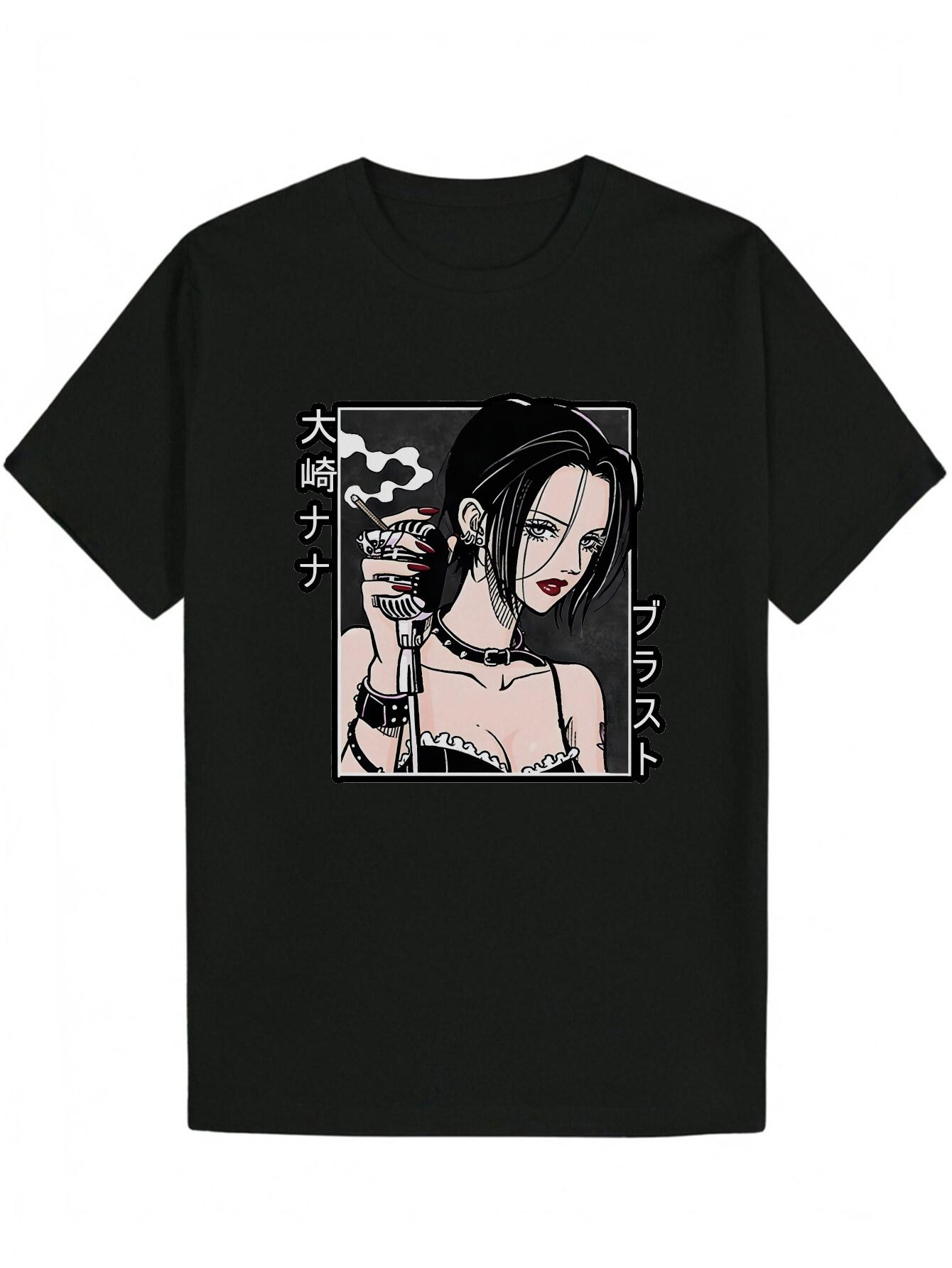 Crew Neck Polyester T-shirt - Portrait Anime Graphic Tee with Japanese Text XXXL
