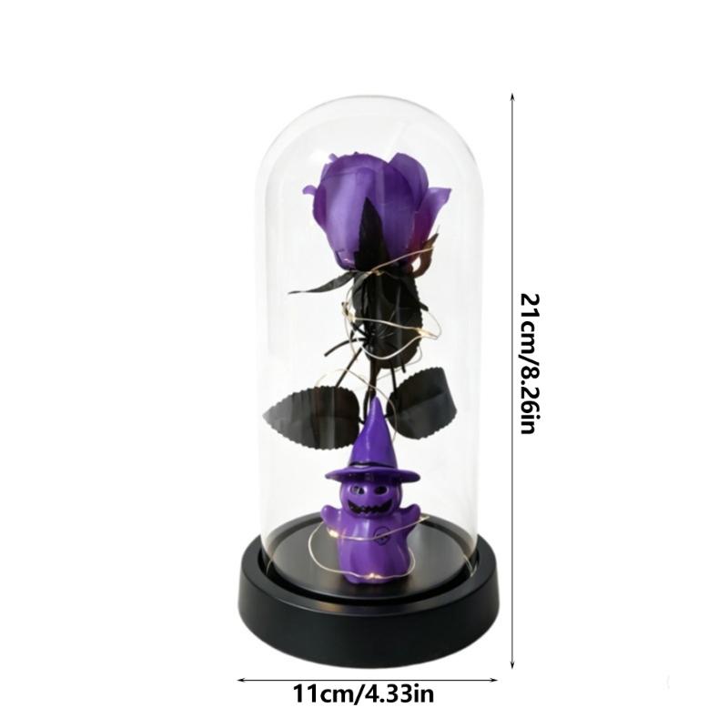Halloween Rose Accent Light, Cloche Glass Cover with Warm String Lights for Window Ledges and Entry Tables at 