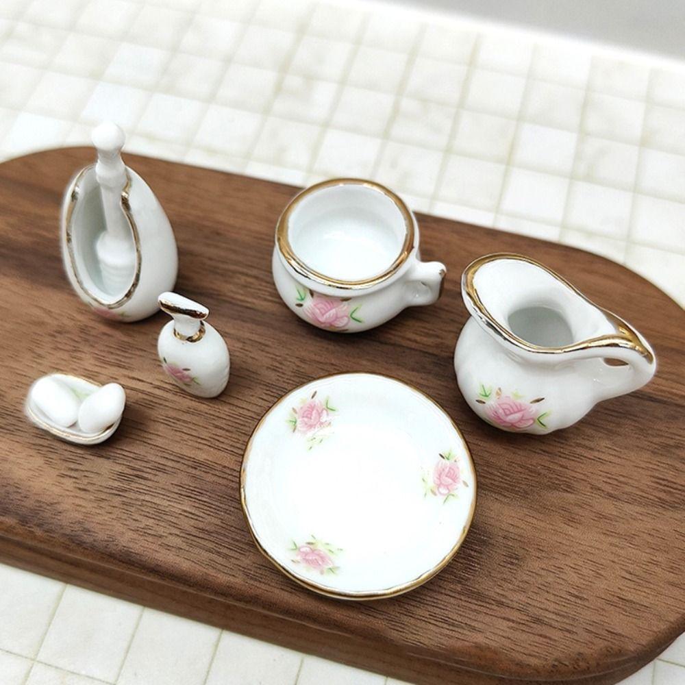 Rose Floral Dollhouse Bathroom Porcelain Micro Scene Miniature Furniture Porcelain  Girls Gift
