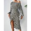 Stylish Long Sleeve Striped Skew Collar Women Sexy Dress Lace-up High Waist Elegant Dresses Women Casual Irregular Split Party Club Female Dress 25936