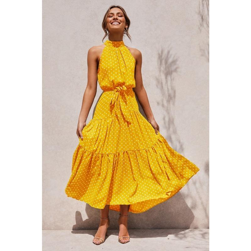 

Женское длинное платье с воротником-стойкой и принтом в горошек XXXL жёлтый