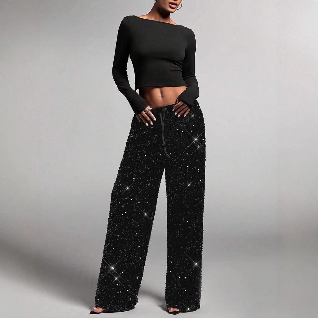 Women's Sparkle Wide Leg Pants with Drawstring Waist In Multiple Colors