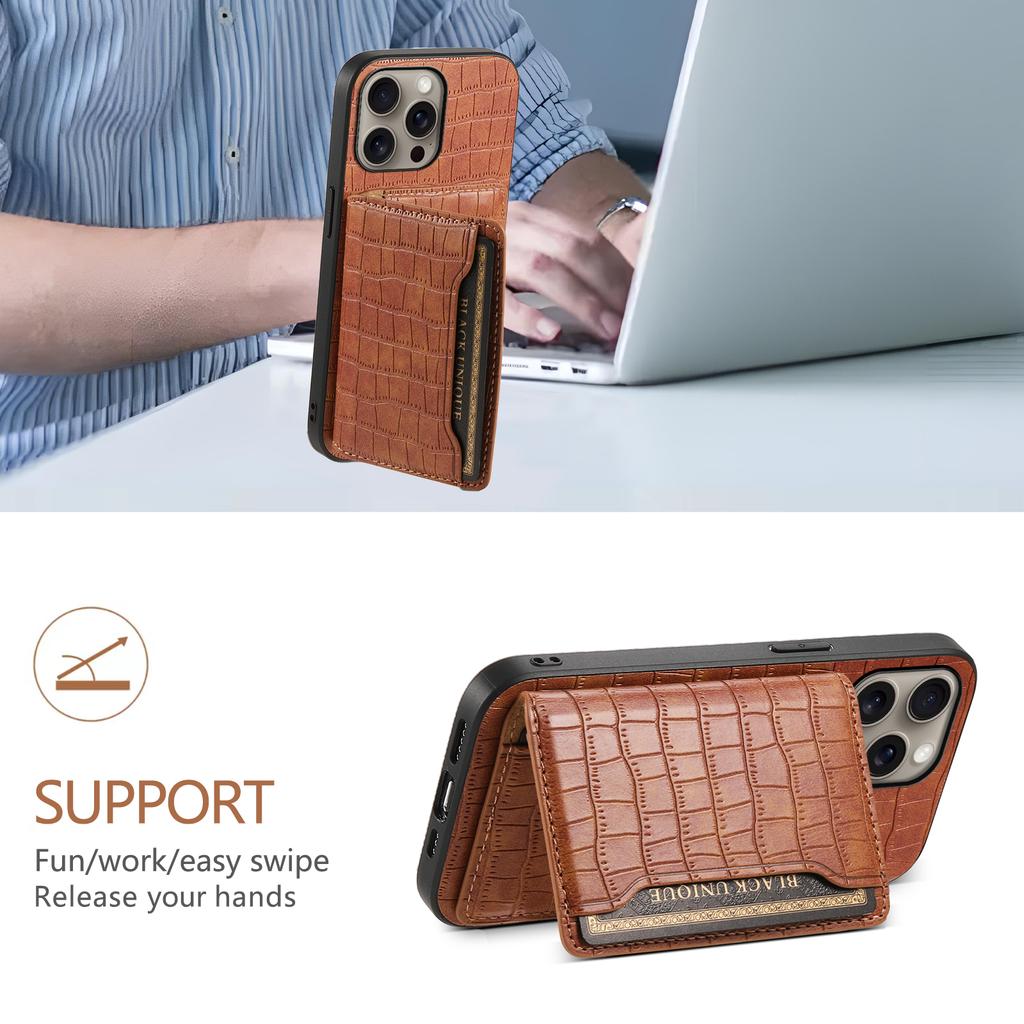 For iPhone 16 Pro Max Case Card Holder Kickstand Crocodile Texture Leather Back Phone Cover