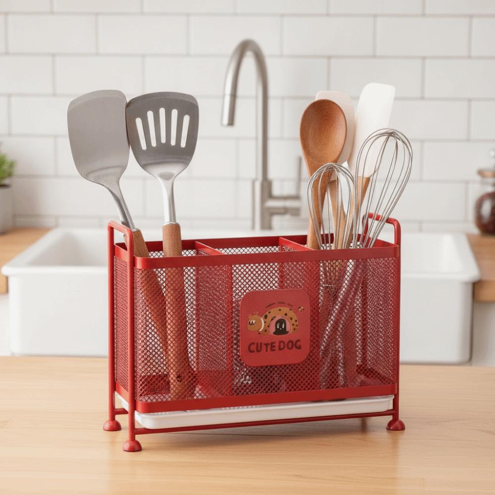 3 Grid Chopstick Storage Box Carbon Steel Kitchen Utensil Storage Basket Cutlery Holder Spoon Fork