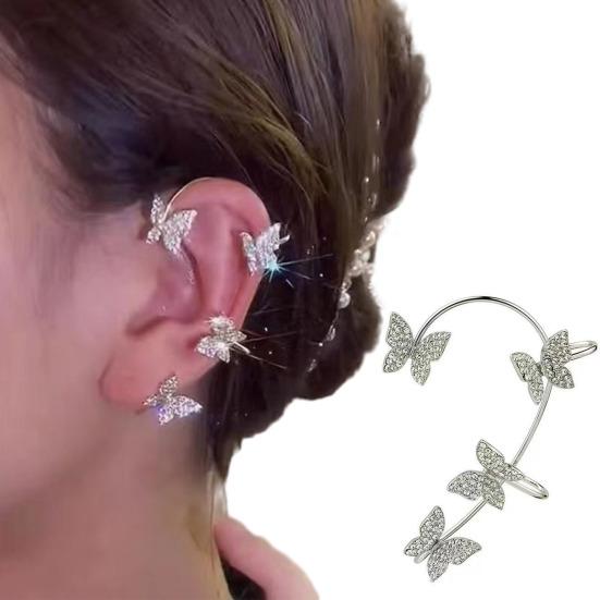 2Pcs Ear Clips Butterfly Decor Rhinestone Earrings Easy to Wear Shiny Non-Piercing Ear Cuffs Daily Wear Party Accessories