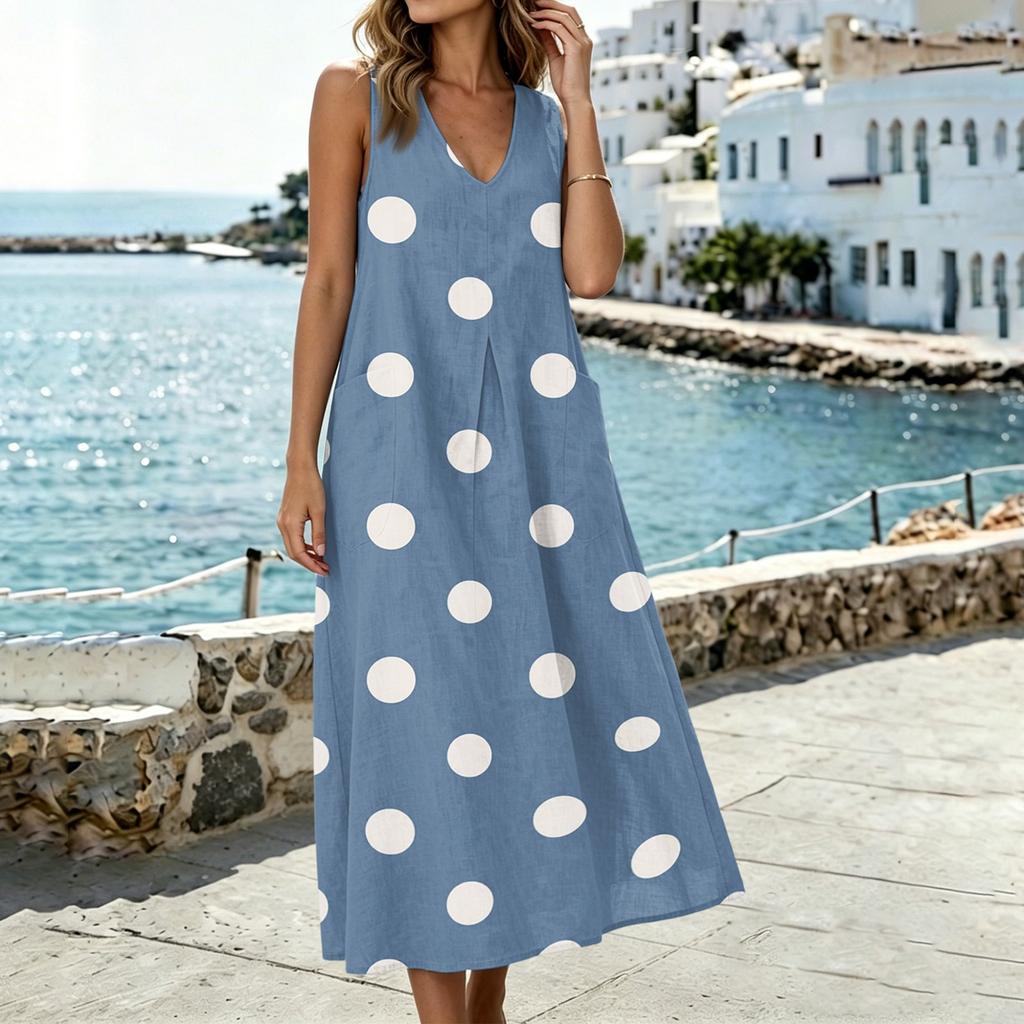 Women Sleeveless V Neck Pocket Split Hem Dress Polka Dot Print Cotton Linen Blend Casual Midi Dress
