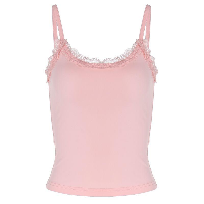 

Shemoda Lace Patchwork Flanging Pleated Suspender Pink Tops M