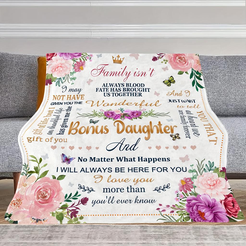 Bonus Daughter Inspirational Quote Flannel Throw Blanket Floral Butterfly Print Family Love Gift Blanket