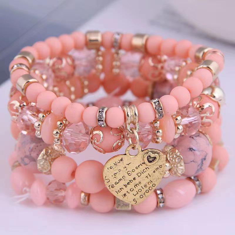 Bohemian Multilayer Elastic Rope Bracelet with Alloy Heart Pendant