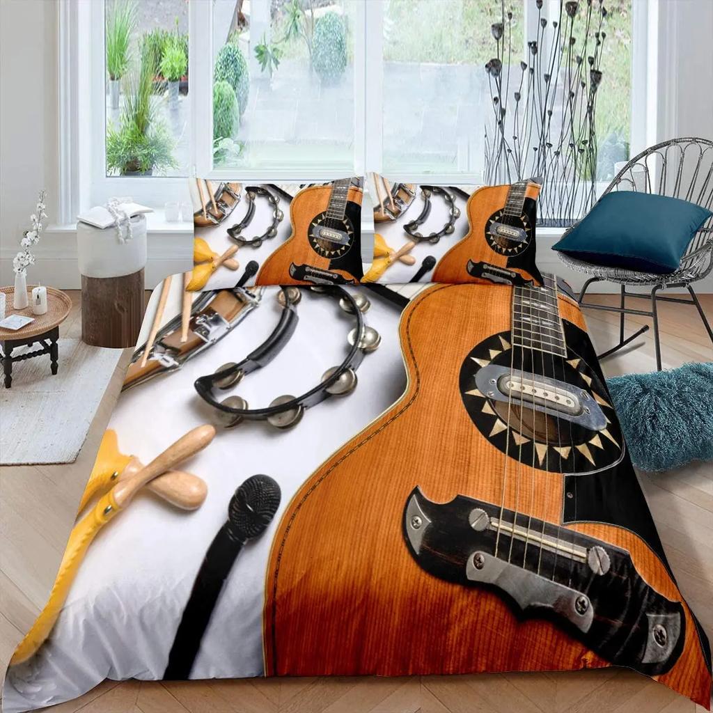 Guitar Duvet Cover Set King Queen Full Size Watercolour Style Polyester Comforter Cover for Kids Boys Girls Teens Bedding Set