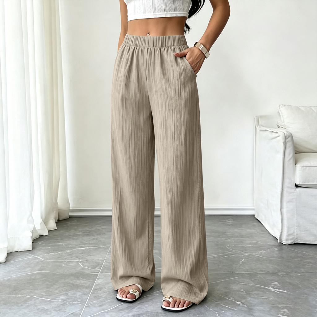Women's Pleated Wide Leg Pants with Pockets, Elastic High Waist Flowy Casual Trousers