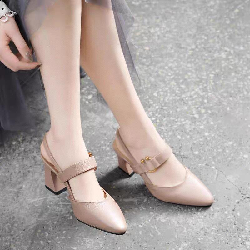 Pointed high-heeled sandals women's shoes summer new first-layer cowhide thick-heeled bag head empty fashion shoes
