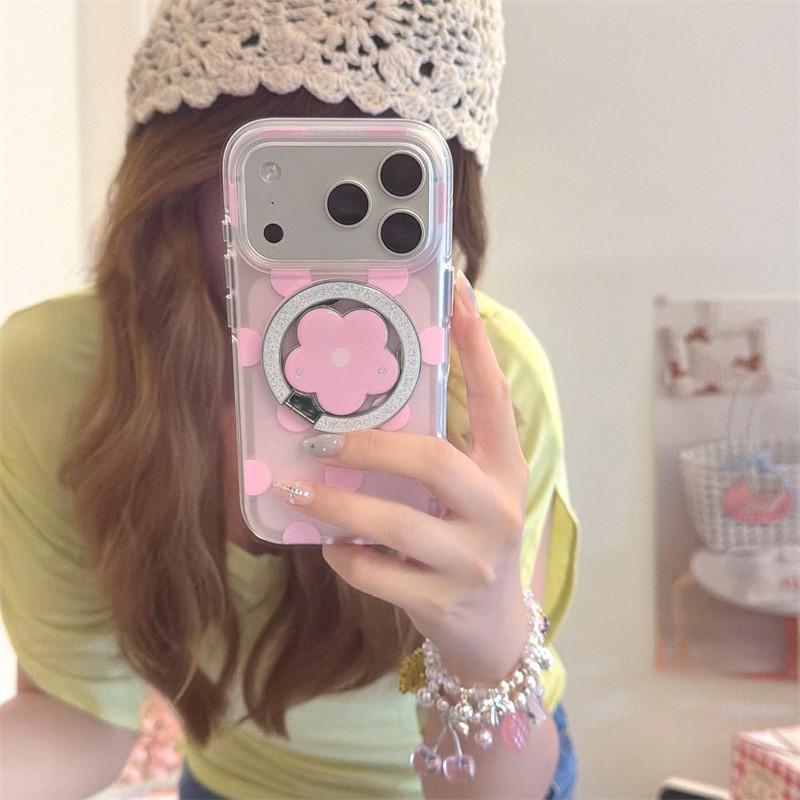 Magnetic Snap-on Phone Case With Flower Stand IPhone 18 Pro Max 17 16 15 Soft Silicone Cover Anti-Drop Polka Dot Design In