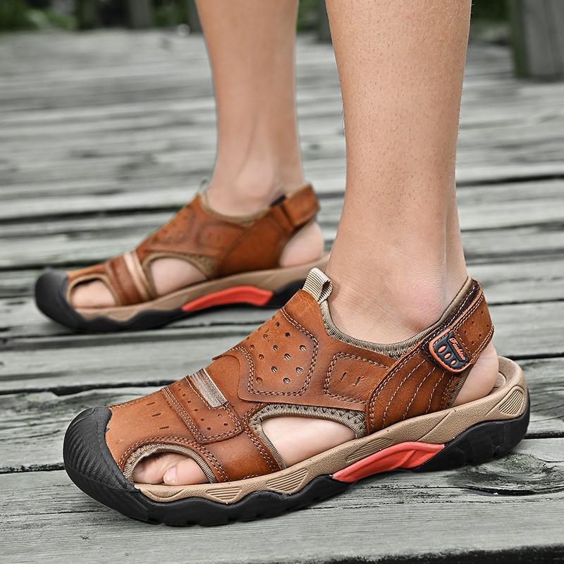 New Summer Genuine Leather Men Sandals Fashion Design Breathable Casual Shoes Men Soft Bottom Outdoor Beach Sandals Big Size 46