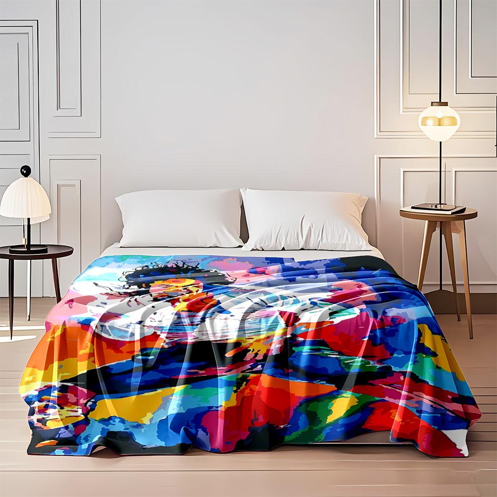 A vibrant abstract figure dancing with fluid motion in bold colors. for all seasons blanket lunch break throw gift