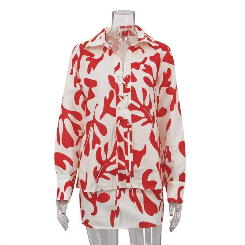

Western Style Summer Print Collar Loose Shirts Short dress Set Printed Shirt Half Skirt Set Print beige M