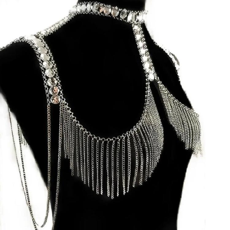 Trendy Stylish Rhinestones Shoulder Necklace Multitiered Body Chain Jewelry Accessory for Fashionable Women Ladies
