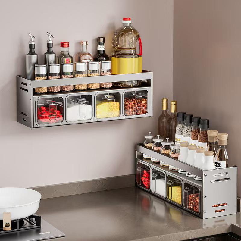 Stainless Steel Kitchen Spice Rack Wall-Mounted Multi-Functional Spice Rack Box Jar Kitchen Storage Home Organizador