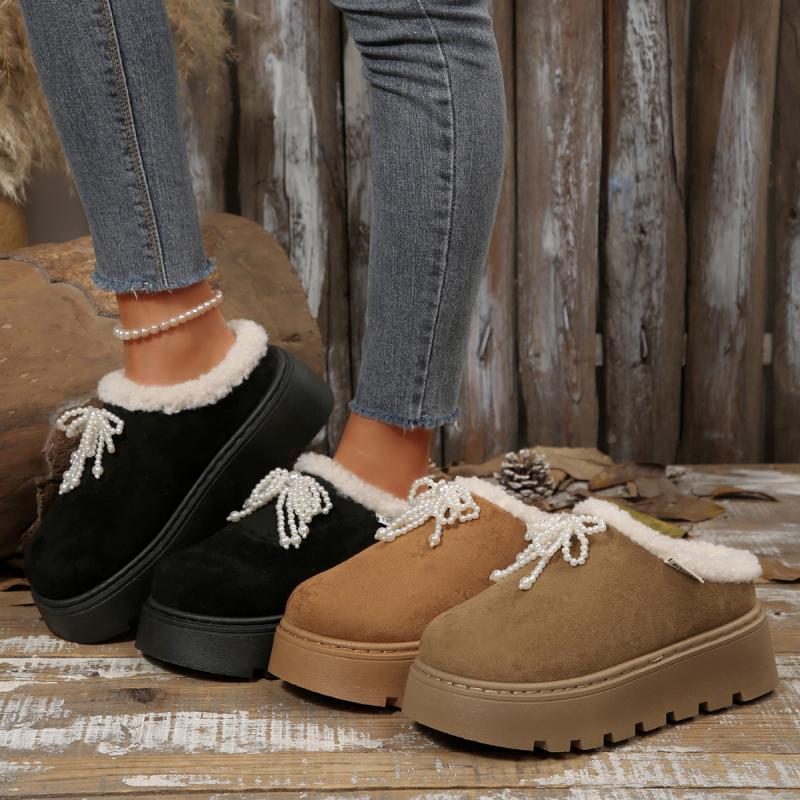 Chunky Platform Wedge Heel Furry Outdoor Slippers Women 2025 Winter Thick Bottom Plush Mules Slippers Sweet Pearl Bowknot Slides