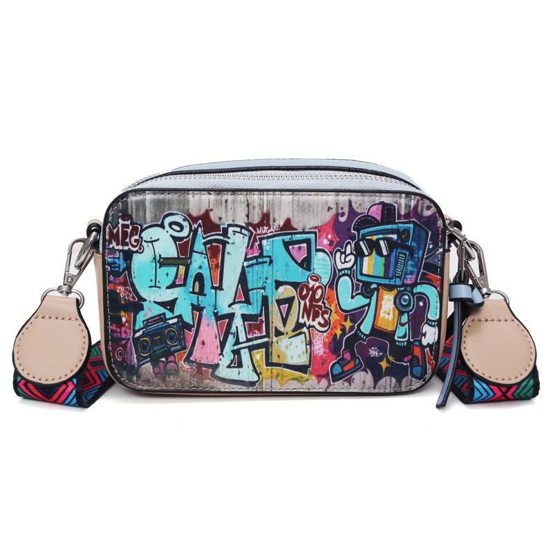 Personalized Graffiti Camera Bag Women's 2025 New Korean Version Fashion Trend Ins Wide Shoulder Strap Crossbody Small Square Bag Pu