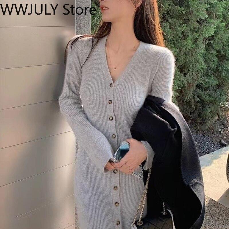 Buy Vintage One Piece Dress Korean Fashion Knitted Midi Dress Button Up Long Sleeve Black Sweater Party Dress Evening 21 Winter At Affordable Prices Free Shipping Real Reviews With Photos Joom