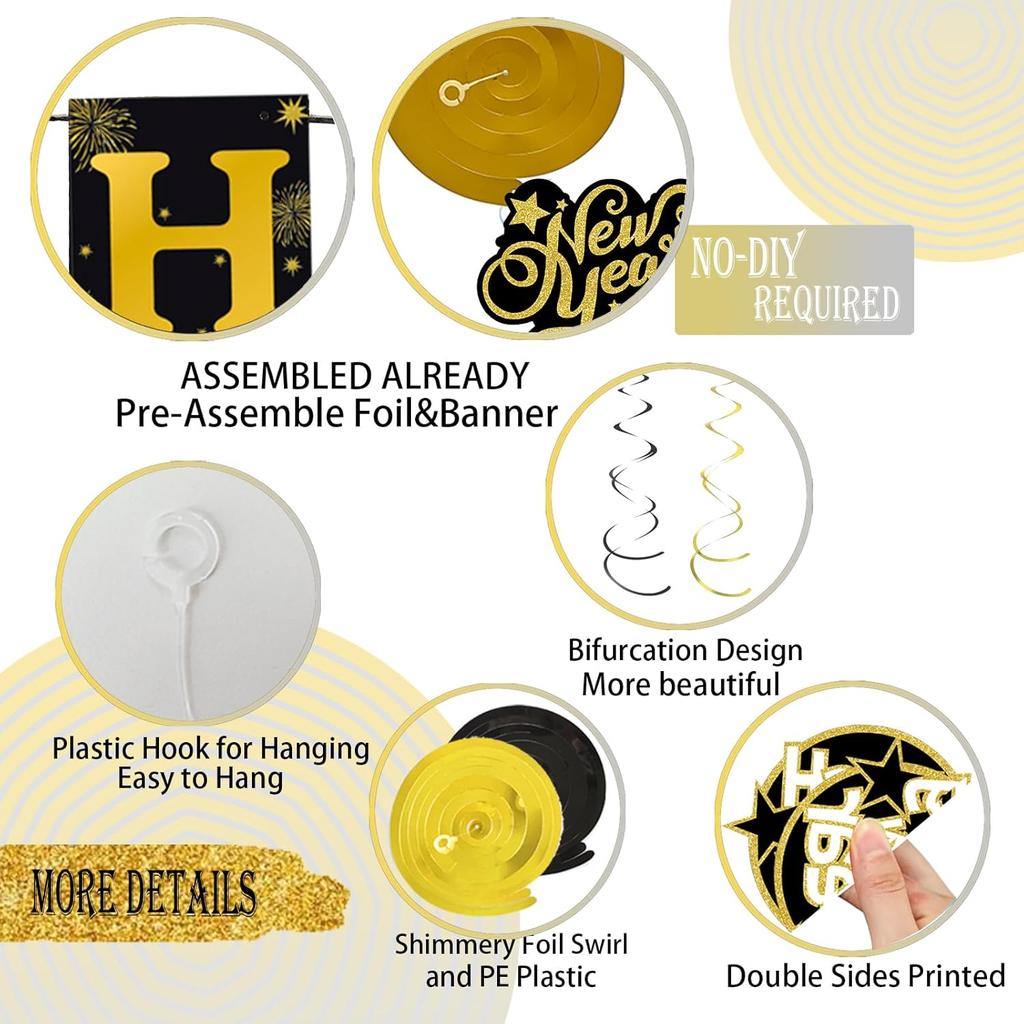 JOJO FLY New Years Eve Party Decorations Kit, Happy New Year Banner, Black and Gold Hanging Swirls for Happy New Year Decorations 2026, NYE