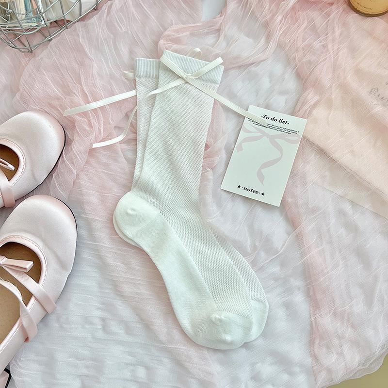 

Женские летние тонкие милые носки-гольфы средней длины из сетки с ленточкой 1 pair