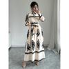 Women's Long Sleeve Geometric Print Maxi Dress Button Down With Waist Belt