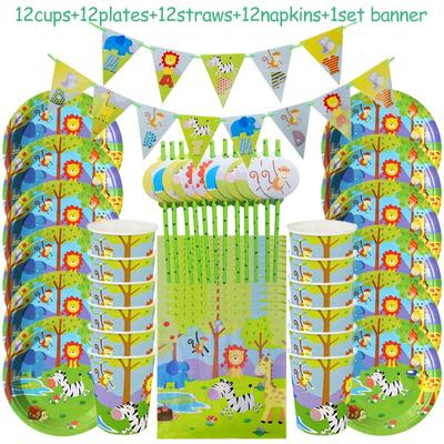 Safari Party Tableware Set Birthday Party Decoration Kids Plate Cups Hats Tablecloth Straw Animal Jungle Birthday Decor Supplies