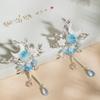 Moon Shaped Tassel Hairpin Chopstick CHinese Hanfu Hair Accessories Blue Flower Hair Clip Retro Girls Cheongsam Hair Bun Jewelry