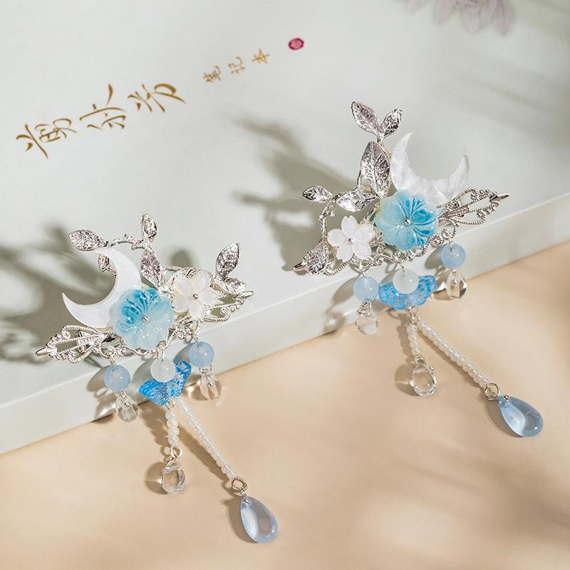 Moon Shaped Tassel Hairpin Chopstick CHinese Hanfu Hair Accessories Blue Flower Hair Clip Retro Girls Cheongsam Hair Bun Jewelry