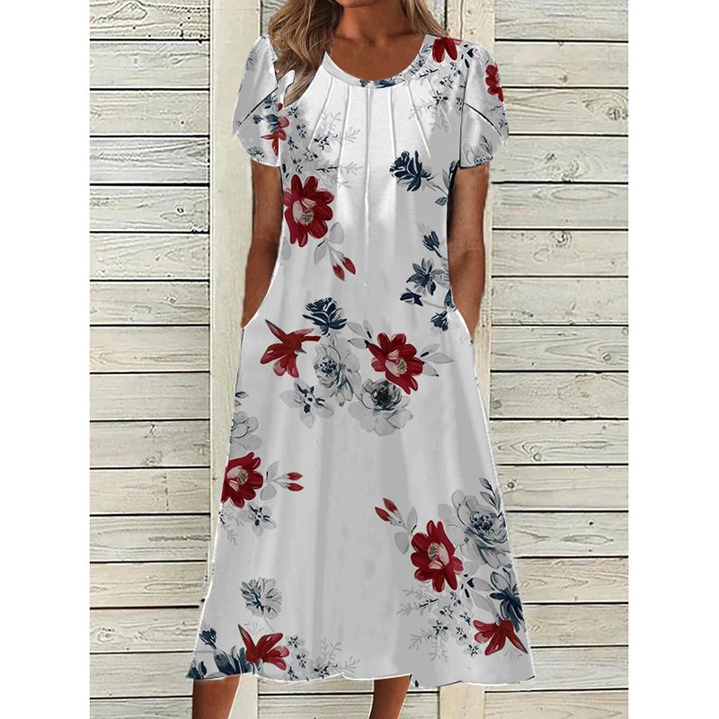 Summer New Plus Size Women Printed Dress Round Neck Vintage Print Floral Loose Dress Women Elegant Fashion Vacation Slim Long Dress with Pockets 26376