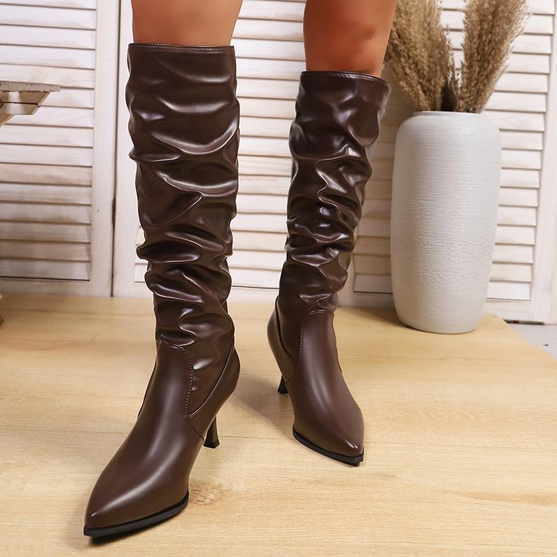 Stiletto Heel Knee High Boots Women Plus Size 34-42 Pleated Pu Leather Long Boots Woman Sexy Pointed Toe High Heel Botas