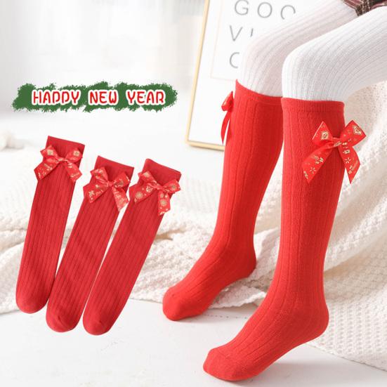 

1 Pair Festival Socks Bouncy All-match Firm-Wrapped Detailed Cozy Keep Warm Polyester Bronzing Bow-knot New Year Stockings for Girls