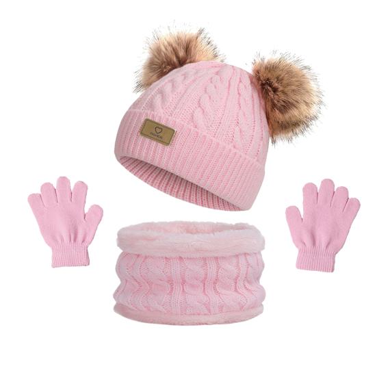 Yousheng 3Pcs/Set Kids Winter Hat Scarf Gloves Set Two Plush Ball Decor Twist Texture Brimless Hat Knitting Gloves Fleece Lining Neck Gaiter Set