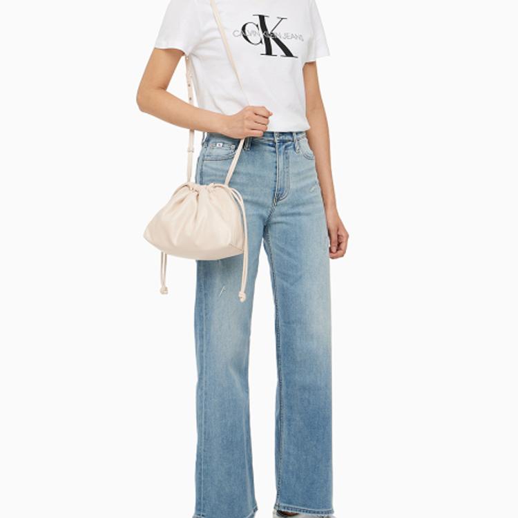 Calvin Klein Cute Drawstring Letter Embossed Pouch Bag Women Shoulder Bag Eggshell-Yellow DH3771-MTR