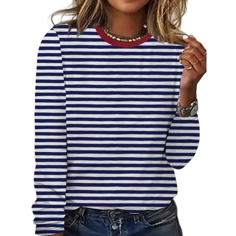 Color Block Striped Crew Neck Long Sleeve T-Shirt Slim Fit Casual Top Daily Wear