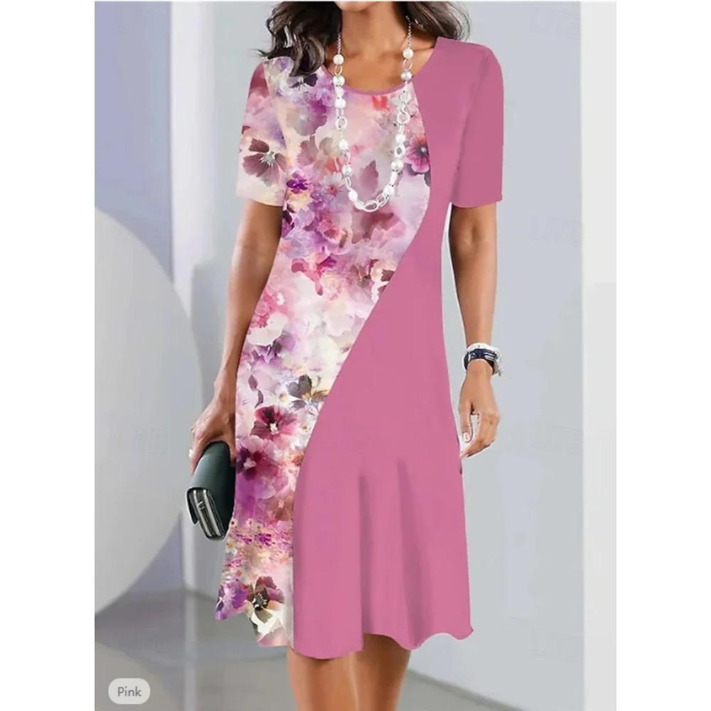 Damen Mode Blumenmuster Druck Sommer Frühling Kurzarm Rundhals Freizeitkleider