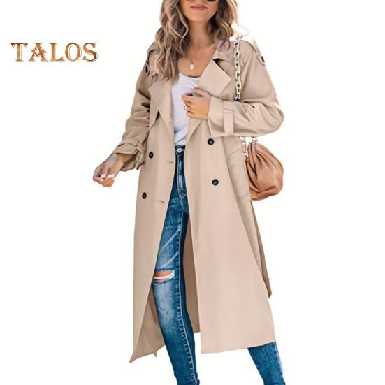 

Жіночий тренч Двобортний класичний лацкан Довге пальто Вітрозахисний Верхній одяг осінь весна Куртка для роботи Подорож M хакі