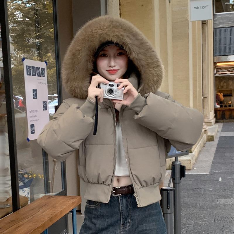 Short Women S Hooded Cotton Coat With Big Fur Collar Waist Tied Slim Fit